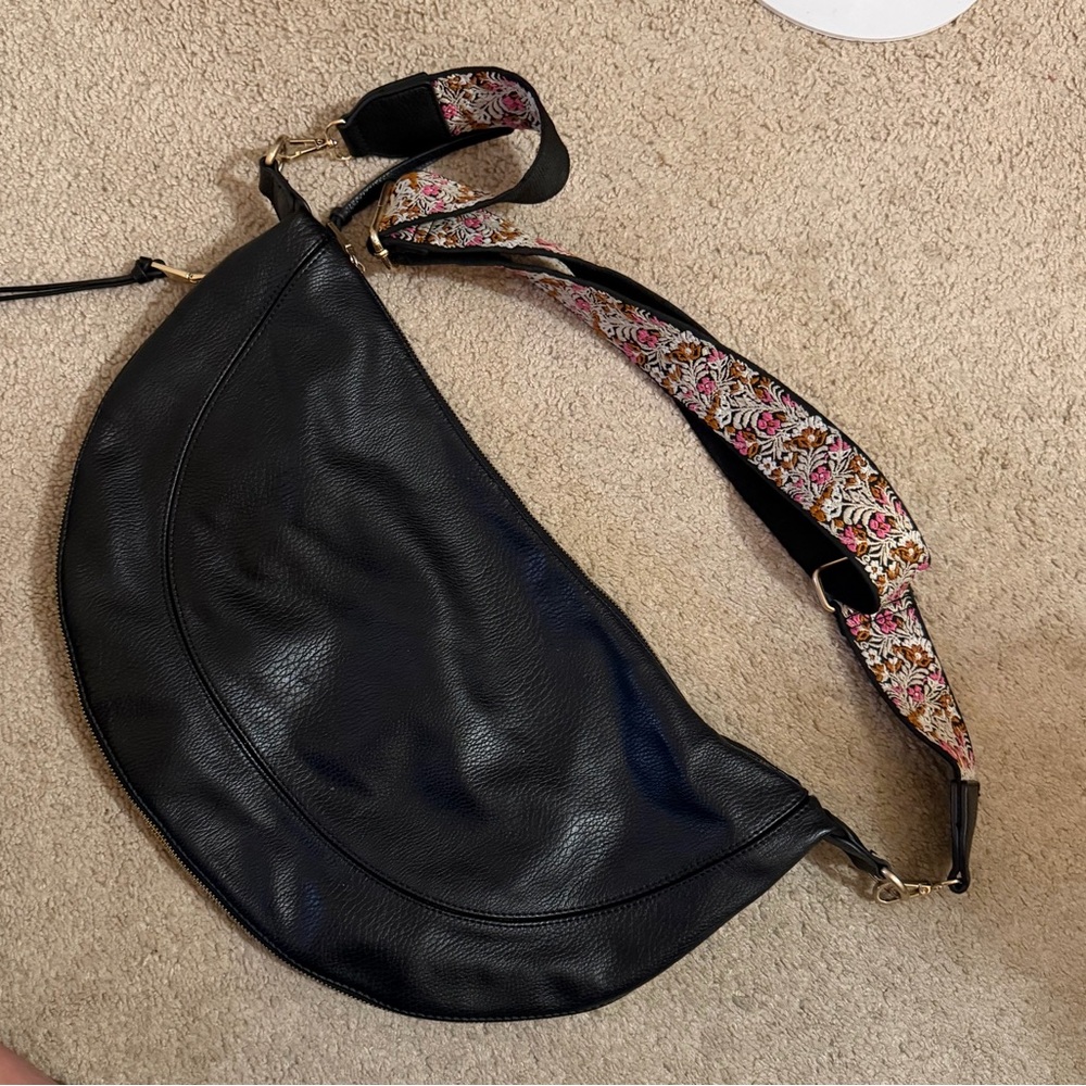 Anthropologie Black Leather Bag with Floral Strap